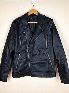 Fahsyee Mens Vegan Leather Biker Jacket Size M. Black Moto Retro Punk 50s y2k